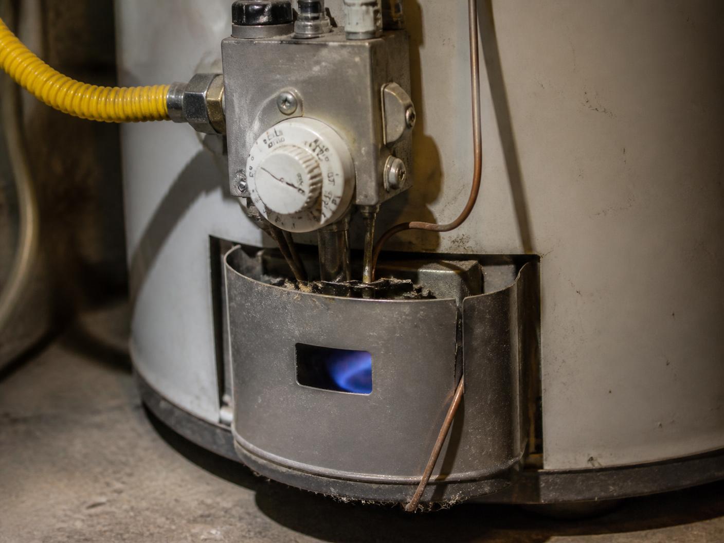 Close view of a water heater gas control valve and burner with the pilot flame visible through the sight window
