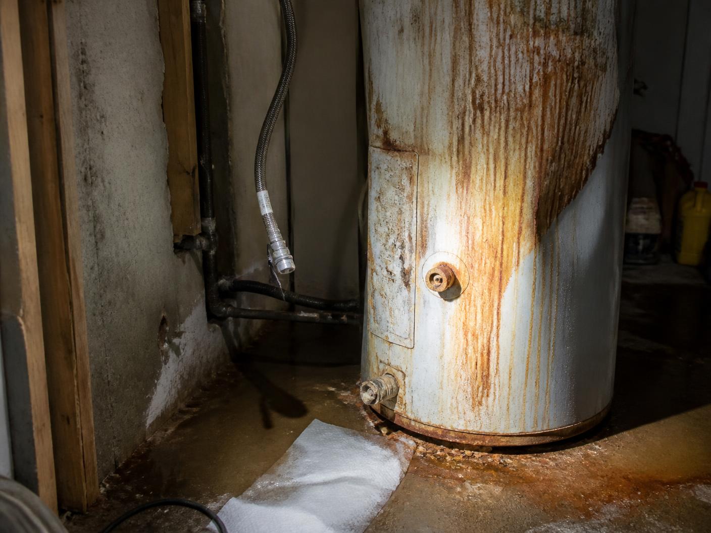 Failed water heater with heavy rust streaks, corroded fittings, and water pooling on the garage floor
