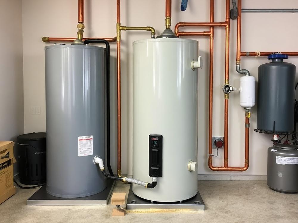 Traditional gas tank water heater installed in a garage with drain pan, expansion tank, and copper connections