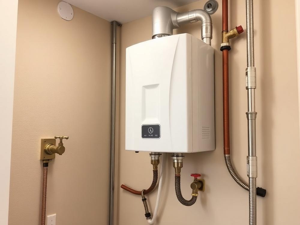 Wall-mounted tankless water heater with tidy flex connections, gas shutoff valve, and venting