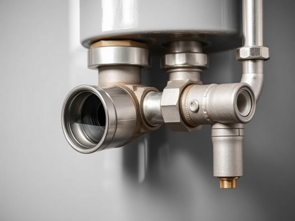 Close view of a water heater vent connection and gas piping installed to code