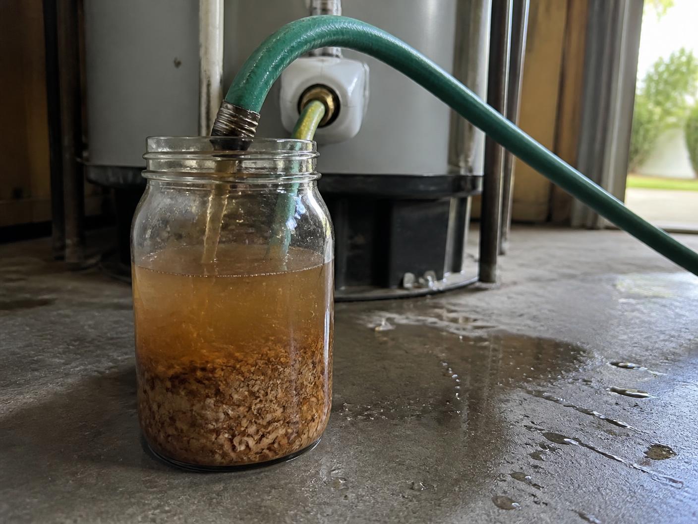 Glass jar of rusty sediment-laden water drained from a residential water heater during a flush