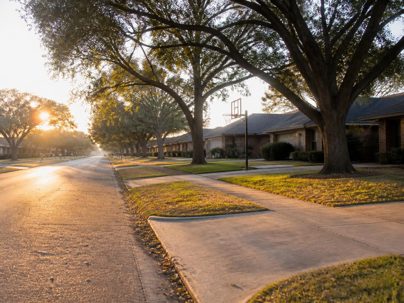 Quiet tree-lined Northwest Houston residential street of brick homes at golden hour